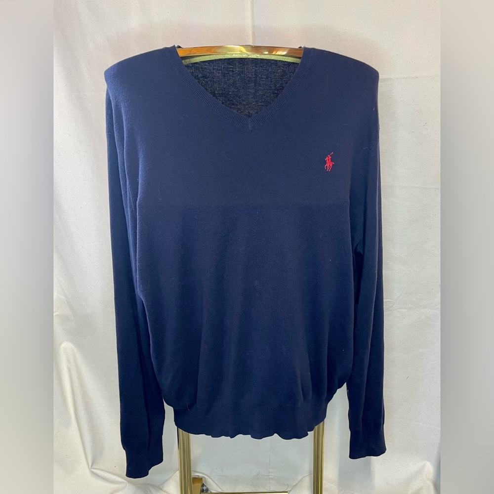 Polo Ralph Lauren Mens Sweater XL Navy Blue‎ Pima Cotton V Neck Long Sleeve